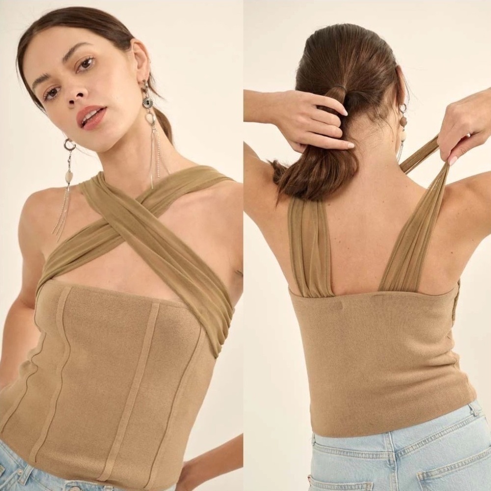 Promise the Label Shaper Fit Cross-Front Rib-Knit Corset Top in Taupe/Tan- NWOT